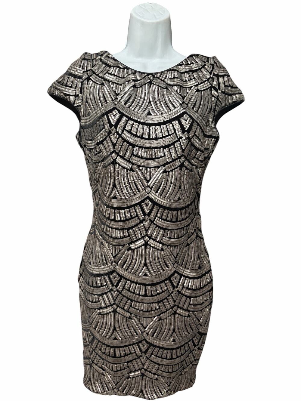 Dress the Population Sequin Bodycon Dress M Black Silver Art Deco Cocktail